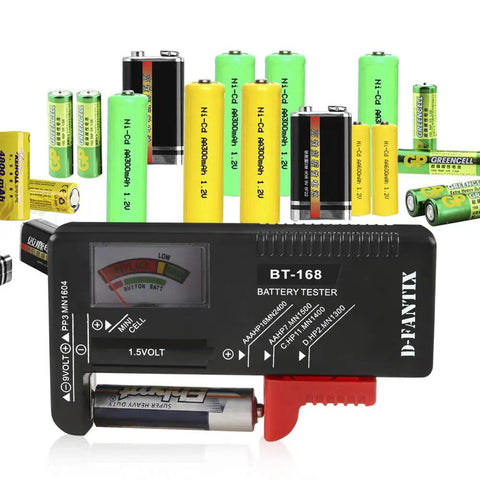 Compact Universal Battery Tester For AA AAA C D 9V And Button Cell Batteries BT 168 with multiple battery types displayed