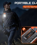 Man hiking with Ultra Compact UV Flashlight 365nm with LED Power clipped to jacket, magnified portable clip view