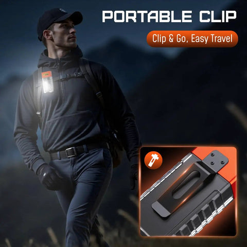 Man hiking with Ultra Compact UV Flashlight 365nm with LED Power clipped to jacket, magnified portable clip view