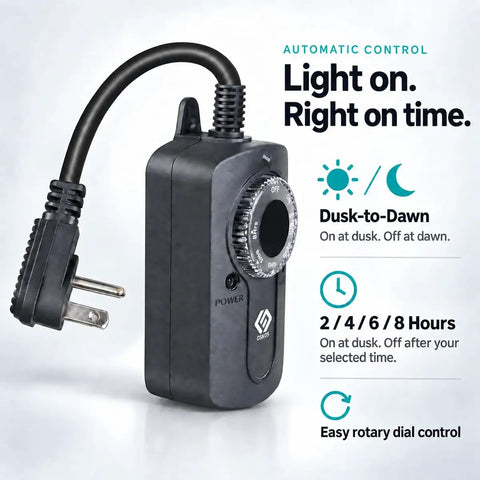 Heavy Duty Outdoor Light Timer Featuring Dusk To Dawn Photocell Sensor And Dual Grounded Outlets Waterproof Build For Yard Decor close-up view with rotary dial control.