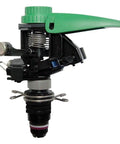 Plastic Impact Lawn Sprinkler With Adjustable 20 To 360 Degree Spray Pattern And 24 To 45 Foot Coverage, side view with green arm