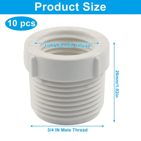 Top Shelf 10 Piece 3/4 Inch Male To 1/2 Inch Female Thread Reducer Bushing PVC Pipe Adapter Connector close-up of connector size and threads.
