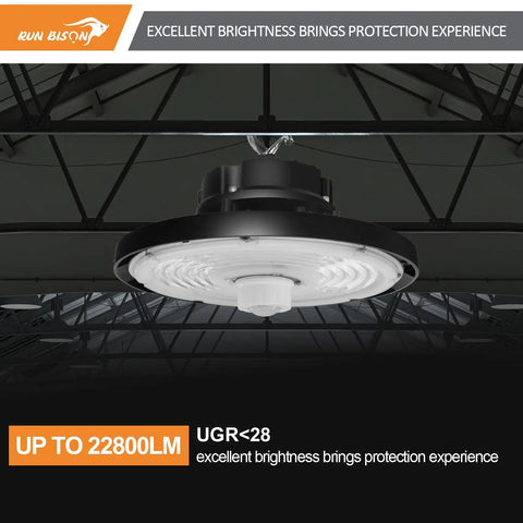 Heavy Duty Led High Bay Lights With Motion Sensor 8 Pack Adjustable Wattage Plug And Play Design Zero Ten V Dimming Smart Hue Tuning Knockout Brightness For Warehouses mounted in industrial setting