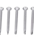 Five pieces of the 200 Pieces Self Drilling Screw Set 410 Stainless Steel Heavy Duty Cross Countersunk Head Fasteners For Metal To Wood DIY Construction 50mm Length M4.2 18.