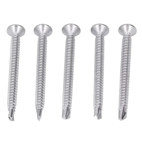 Five pieces of the 200 Pieces Self Drilling Screw Set 410 Stainless Steel Heavy Duty Cross Countersunk Head Fasteners For Metal To Wood DIY Construction 50mm Length M4.2 18.