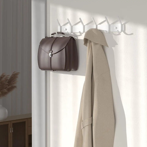 Slick Six Hook Wall Mount Coat Rack In Crisp White Metal Zero Hassle Hanging Stand For Coats Robes And Towels Top Notch Rustproof Aluminum Organizer For Entryway Refresh