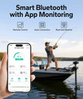 Trolling Motor LiFePO4 Battery 12V 100Ah with Bluetooth Monitoring app interface in hand, fisherman on boat in background.