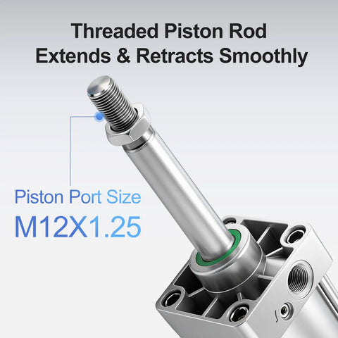 Beefy Industrial Pneumatic Air Cylinder with 1.57 inch bore, threaded piston rod M12x1.25, showing port size and fittings details