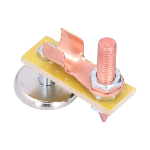 Heavy Duty Magnetic Welding Support With Super Strong Suction And Copper Tail Grounding Tool For Rock Solid Mechanical Repair Work, close-up view.