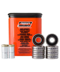 Bronson Ceramic skateboard bearings kit in orange container with silver bearings and spacers.