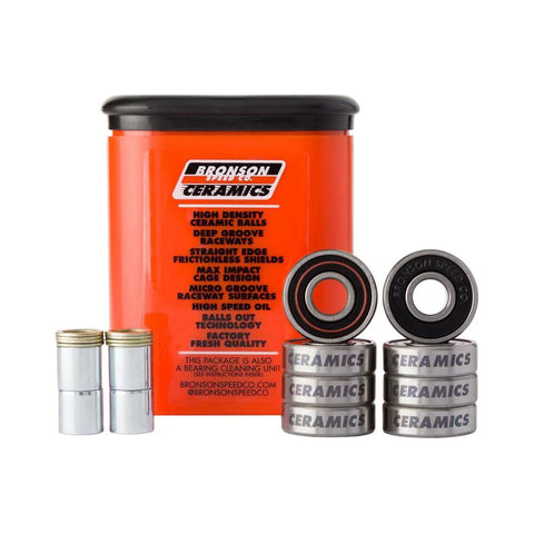 Bronson Ceramic skateboard bearings kit in orange container with silver bearings and spacers.