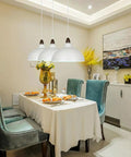Minimalist Colorful Pendant Light Fixture, Simple Rustic Dome Lamp, Japanese Style Lighting over dining table with three white lamps.