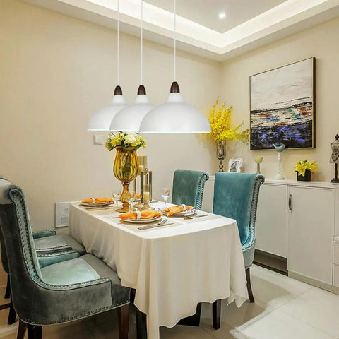 Minimalist Colorful Pendant Light Fixture, Simple Rustic Dome Lamp, Japanese Style Lighting over dining table with three white lamps.