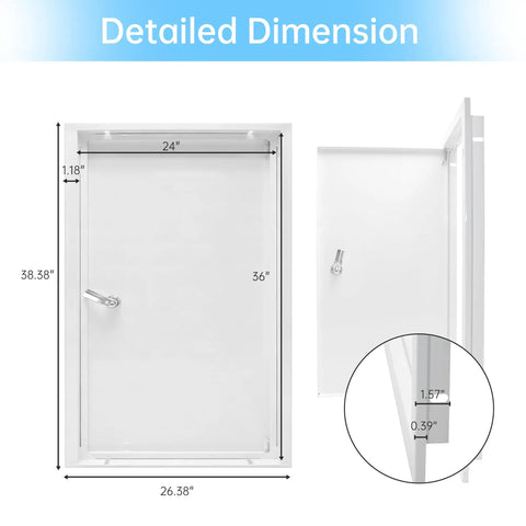 Detailed dimensions of Heavy Duty Thick Steel Access Door For Drywall 24X36 Inches showcasing size and build features.