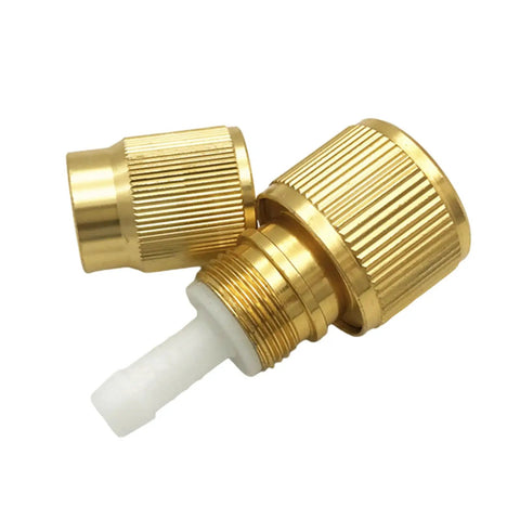 Durable Aluminum Hose Connectors Fix Leaks Fast. Expandable Water Fitting Repair Kit For Garden Faucets And Car Washing. Two Piece Set Saves Money On New Hoses. Perfect Upgrade For Outdoor Plumbing Jobs. 2-piece gold aluminum hose connector set with threaded fitting