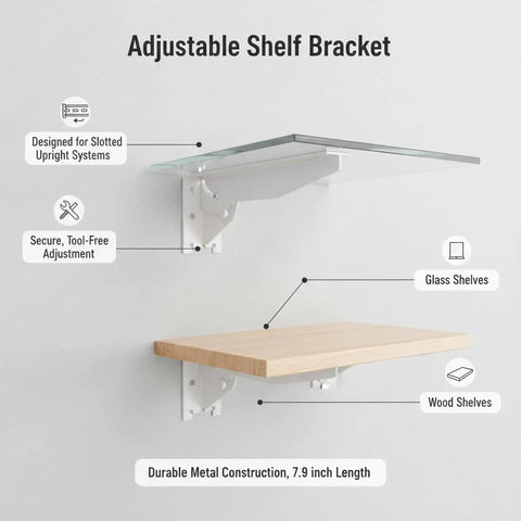 Heavy Duty Metal Shelf Bracket For Slotted Upright Rails 7.9 Inch Length White Finish supports glass and wood shelves