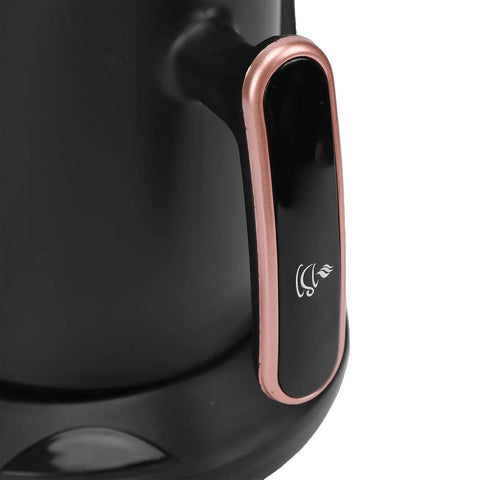 Close-up of Turkish Coffee Maker Portable Auto Brewer For Home Office Travel And Camping, black handle with copper trim