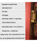 Chart of adjustable concealed hinge specifications and an installed hinge on a wooden door for Beefy Heavy Duty 120Kg Flush Door Concealed Cross Hinges