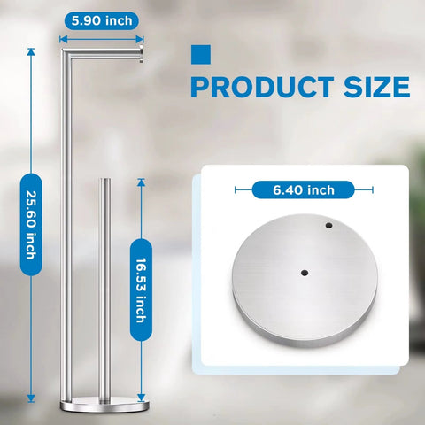 Brushed Nickel Free Standing Toilet Paper Holder Stand with Space for One In Use Roll and Three Spare Rolls, size dimensions highlighted