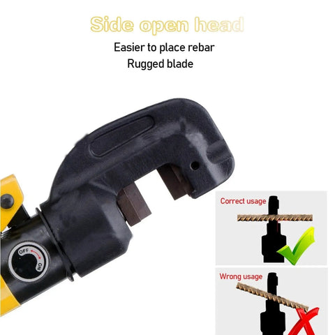 Heavy Duty Hydraulic Rebar Cutter Tool For Concrete Construction Sites showing side-open head for easy rebar placement.