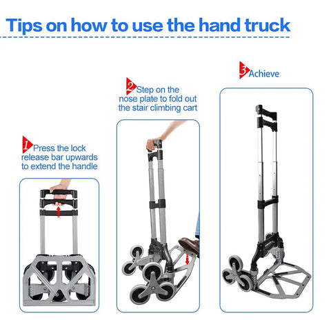 Steps to operate the Stair Climbing Hand Truck With Aluminum Foldable Frame, 330 Lbs Ground Capacity And 155 Lbs On Steps, 11 Inch Base Plate