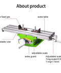 Labeled diagram of X Y Milling Slide Table For Bench Drills with adjustable scale and ruler on aluminum alloy surface.