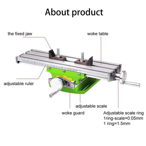 Labeled diagram of X Y Milling Slide Table For Bench Drills with adjustable scale and ruler on aluminum alloy surface.