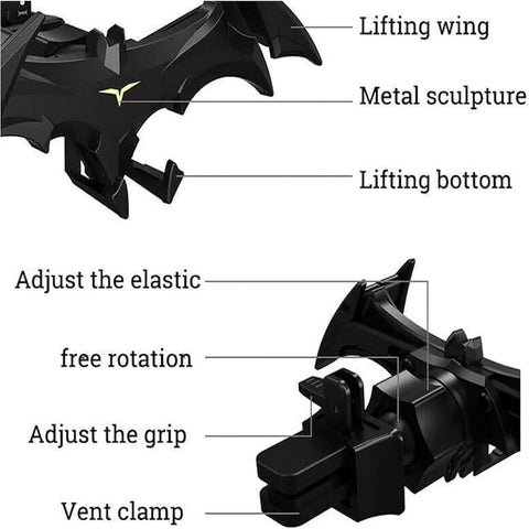 Bat Wings Car Phone Holder With Universal Air Vent Mount And Mechanical Wing Design For Ultra Stable Hands Free Phone Access On The Road, showcasing adjustable features.