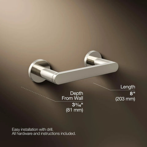 Composed Wall Mounted Pivoting Toilet Paper Holder in Vibrant Polished Nickel with dimensions shown, built to last metal construction.