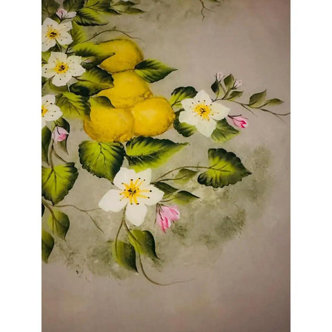 13 Inch Hand Painted Lemon Lazy Susan With Floral Wood Turntable Handmade Serving Tray featuring lemon and floral design