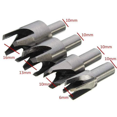 Upgrade Your Benchtop Game With This Slick Eight Piece Wood Plug Cutter And Dowel Maker Kit Featuring Straight And Tapered Drill Bits In Four Essential Metric Sizes, showing carbon steel drill bits in 6mm to 16mm sizes.