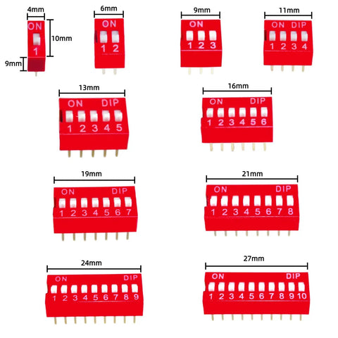Red 41Pcs Dip Switches Kit With Ten Value Settings In Double Row 2.54mm Pitch PCB Mountable Slide On Off Toggle Switches For DIY Electronics Breadboards, showing sizes from 1 to 10 positions.