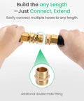 Hands connecting garden hose with brass double male adapter, Five Foot Short Garden Hose With Dual Female Ends And Brass Double Male Adapter Flexible Lightweight Water Hose In Five Eighths Inch Outer Diameter The Space Saver For RVs Outdoor Yards Faucet Hookups Or Reel Connections