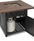 Open view of the Donovan 38 Inch Square Propane Fire Pit With Infrared Patio Heater Outdoor Gas Fire Pit And Heater Combo showing internal propane tank.