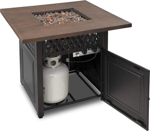 Open view of the Donovan 38 Inch Square Propane Fire Pit With Infrared Patio Heater Outdoor Gas Fire Pit And Heater Combo showing internal propane tank.