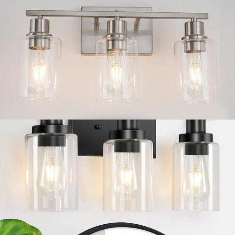 4 Pack Clear Glass Lamp Shade Cylinders 5.5 Inch High 3.5 Inch Diameter With 1.65 Inch Fitter Replacement Lampshade Covers displayed on vanity lights