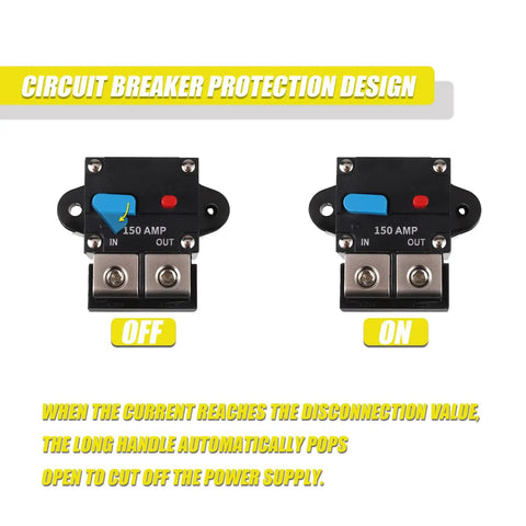 Heavy Duty 150 Amp DC Circuit Breaker With Manual Reset For Car Audio, RV, Marine And Boat Systems, 12-48 Volt, 0-8 Gauge Wire, Self Recovery Overload Protector For Auxiliary DC Circuits, shown off and on