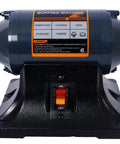 Close-up of a Heavy Duty Benchtop Buffer Polisher With 370W Power and 3450 RPM showing its switch and front label on a cast iron base.