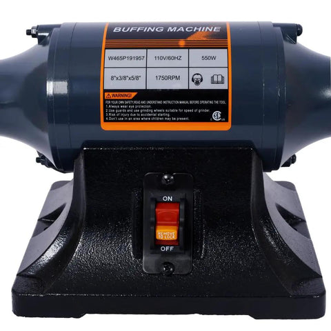 Close-up of a Heavy Duty Benchtop Buffer Polisher With 370W Power and 3450 RPM showing its switch and front label on a cast iron base.