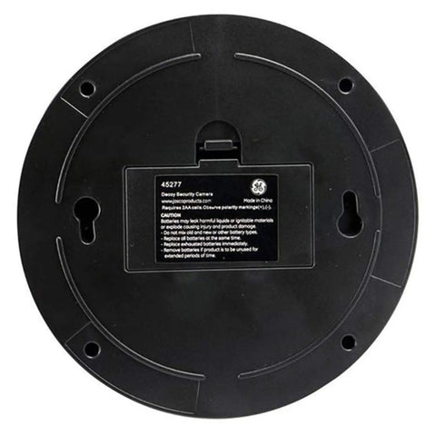 Bottom view of Outdoor Dummy Security Camera Kit Pack Of 4 With Wireless Dome Design Realistic Look Flashing Red LED Motion Light Easy Mount Battery Powered No Wiring For Home Or Business Use Anywhere, showing battery compartment and mounting holes.
