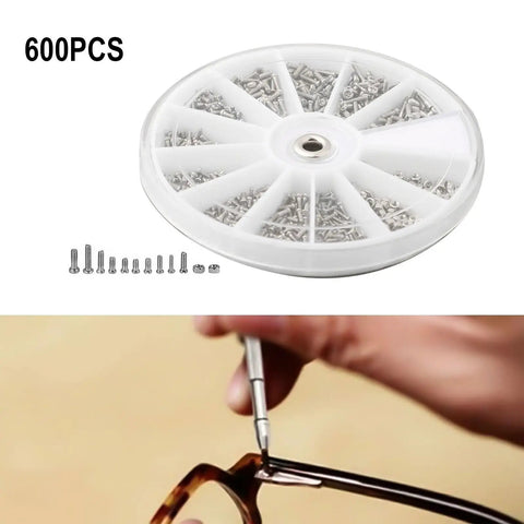 All In One Stainless Steel Screw And Nut Kit With 600 Pieces For Watch Repair Eyeglasses And Electronics M1 M1.2 M1.4 And M1.6 Fasteners Handy For DIYers And Pros In A Plastic Storage Box shown with screws and a person repairing eyeglasses.