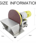 This Mini Bench Sander Is A Total Game Changer! Featuring Seven Adjustable Speed Levels For Perfect Control, Plus A Powerful 100W Copper Motor Hitting 6000 RPM. It's The Ultimate Tool For Precision Metal Grinding, Polishing, And Detailed Artistic Sanding, showcasing size dimensions of 14cm by 19cm and height of 12cm.