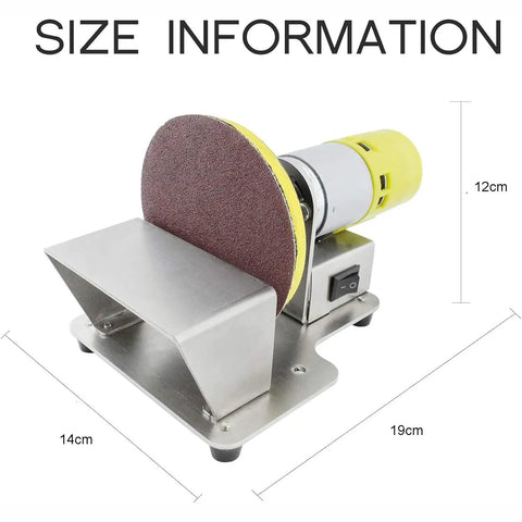 This Mini Bench Sander Is A Total Game Changer! Featuring Seven Adjustable Speed Levels For Perfect Control, Plus A Powerful 100W Copper Motor Hitting 6000 RPM. It's The Ultimate Tool For Precision Metal Grinding, Polishing, And Detailed Artistic Sanding, showcasing size dimensions of 14cm by 19cm and height of 12cm.