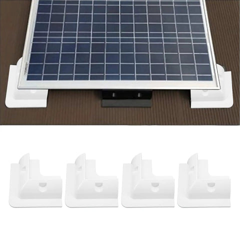 No Drill Solar Panel Corner Brackets Set Durable ABS Mounts For RVs And Boats 4 Pack on flat surface with framed panel