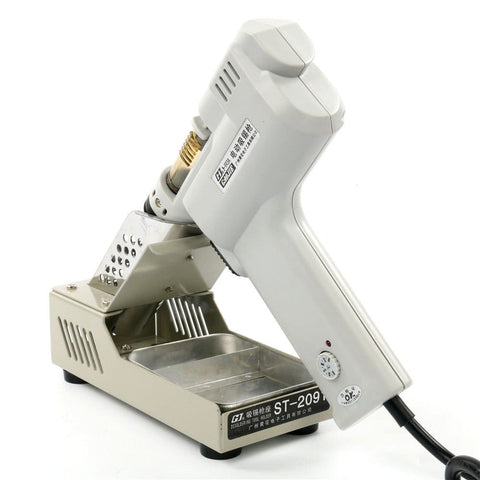 Portable 110V 50Hz 100W Desoldering Gun With Vacuum Pump on stand, showing side view and sturdy base for PCB repairs.