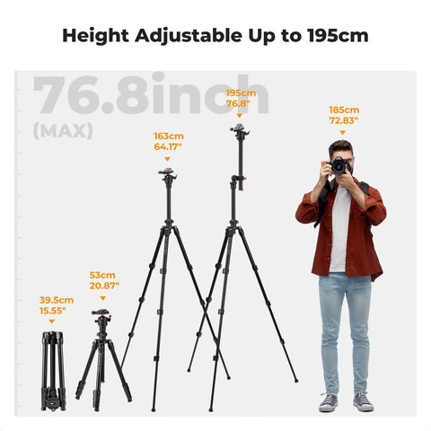 Go To 76 Inch Camera Tripod With Rotatable Center Column And 360 Degree Ball Head Heavy Duty 8kg Load next to person for scale.