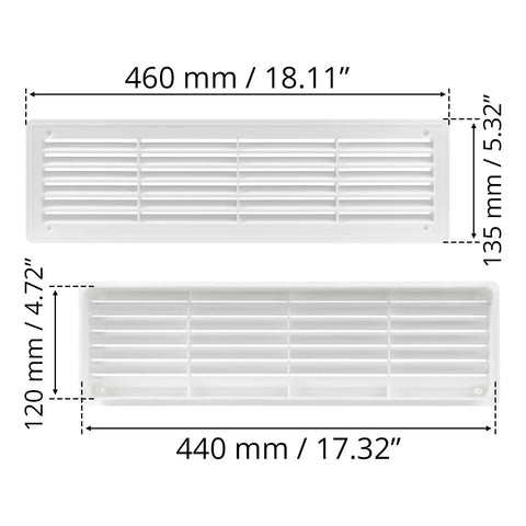 Two Sided White Door Air Vent Cover For Interior Doors 18 Inch By 5 Inch Universal Grille dimensions in millimeters and inches