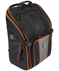All In One Tool Backpack With 21 Pockets And Big Interior Includes Removable Magnetic Flashlight And Built In Work Light For Hands Free Illumination On The Job Site, black and orange design