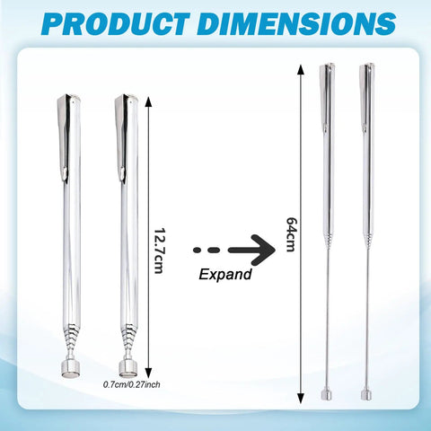 Dimensions of Telescoping Magnetic Pickup Tool Set With Pen Clip Design, extending from 5 to 25 inches with 3 lb capacity