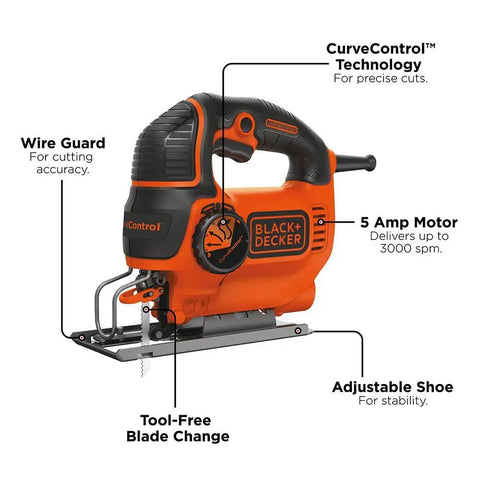 Side view of Powerful 5 Amp Corded Jig Saw with 3000 bpm blade speed and adjustable shoe, highlighting key features and controls.